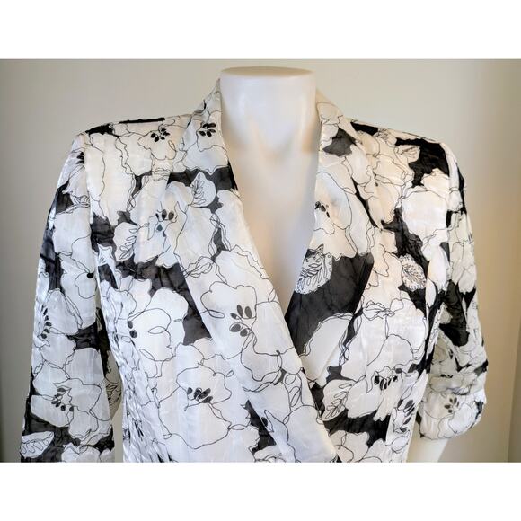 VTG Alex Evenings Crop Blazer Jacket Medium Black White Floral Sheer Taffeta - Picture 2 of 11